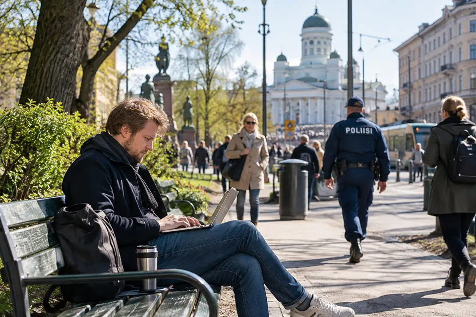 Mies tekee töitä läppärillä puistonpenkillä Helsingissä, poliisi kävelee ohi