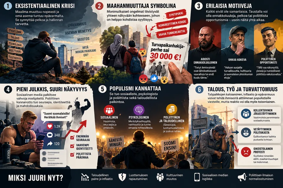 Infografiikka populismin juurista ja seurauksista Suomessa: epävarmuus ja aseman menetyksen pelko, maahanmuuttaja ongelman symbolina, erilaiset motiivit, pienen julkkiksen näkyvyys, populismin palkinnot ja työn merkitys